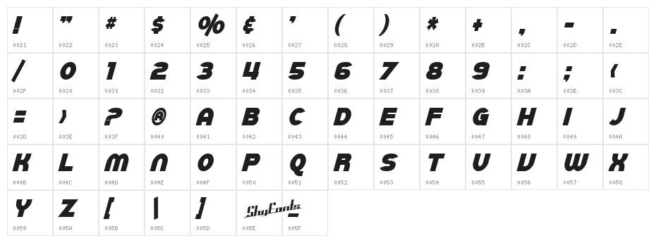 SF Juggernaut Condensed Bold Italic Character Map