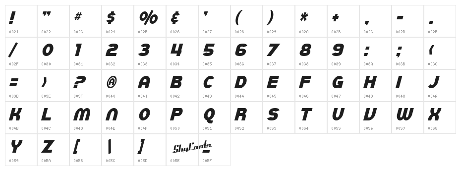 SF Juggernaut Condensed Italic Character Map