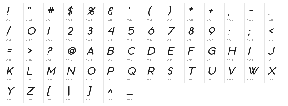 SF Orson Casual Heavy Oblique Character Map