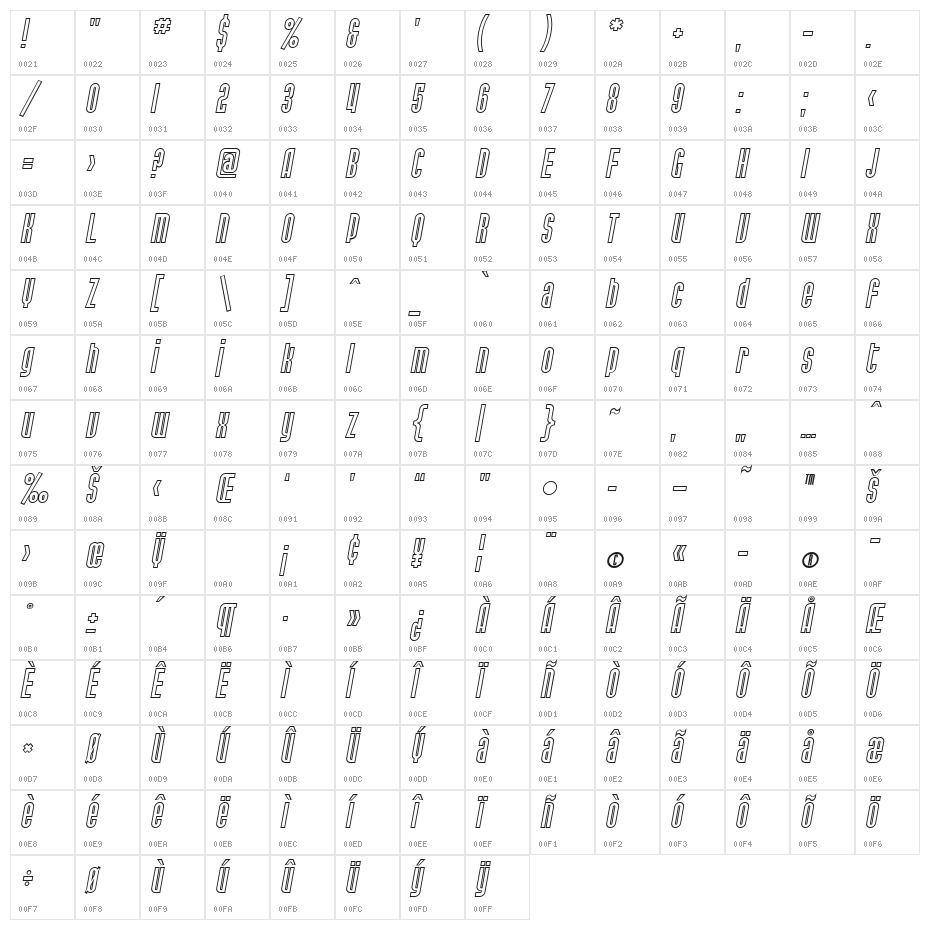 SF Port McKenzie Outline Italic Character Map