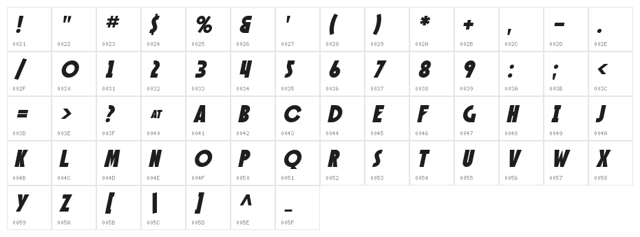 SF Speakeasy Oblique Character Map