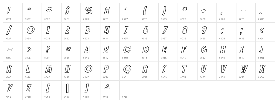 SF Speakeasy Outline Oblique Character Map
