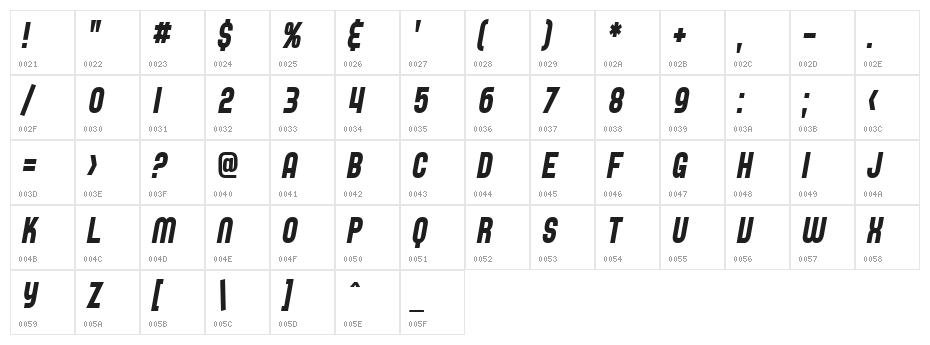 SF Speedwaystar Cond Italic Character Map