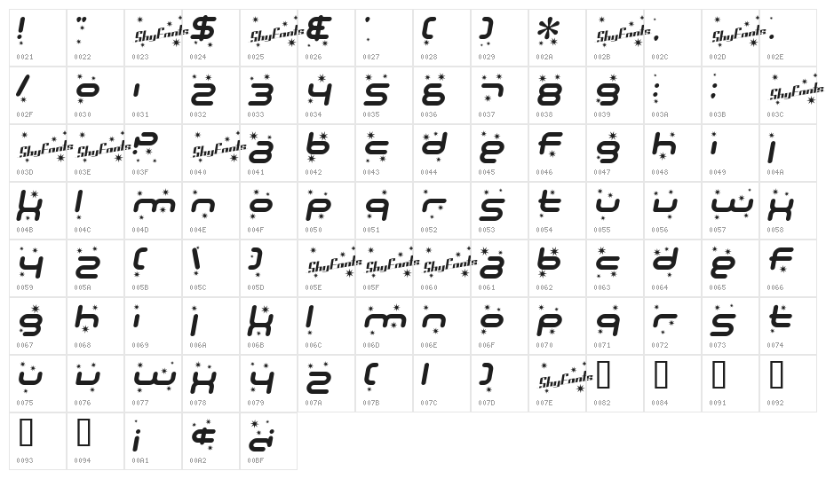 SF Technodelight Bold Italic Character Map