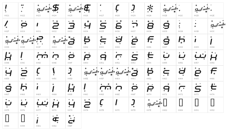 SF Technodelight Italic Character Map