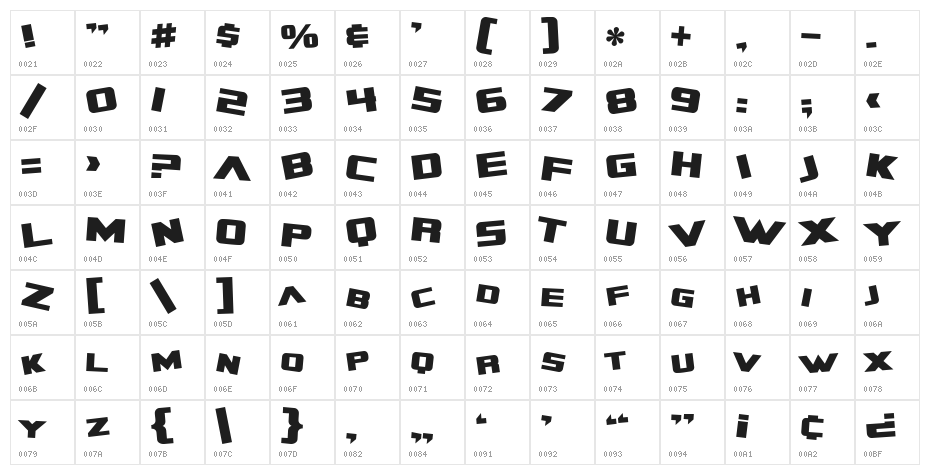 SF Zero Gravity Bold Character Map