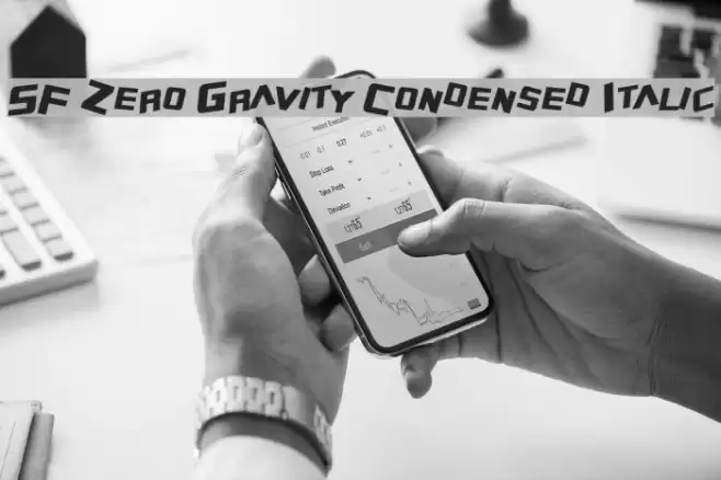 SF Zero Gravity Condensed Italic Font examples