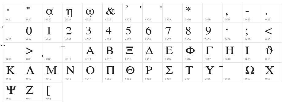 Sgreek Medium Character Map