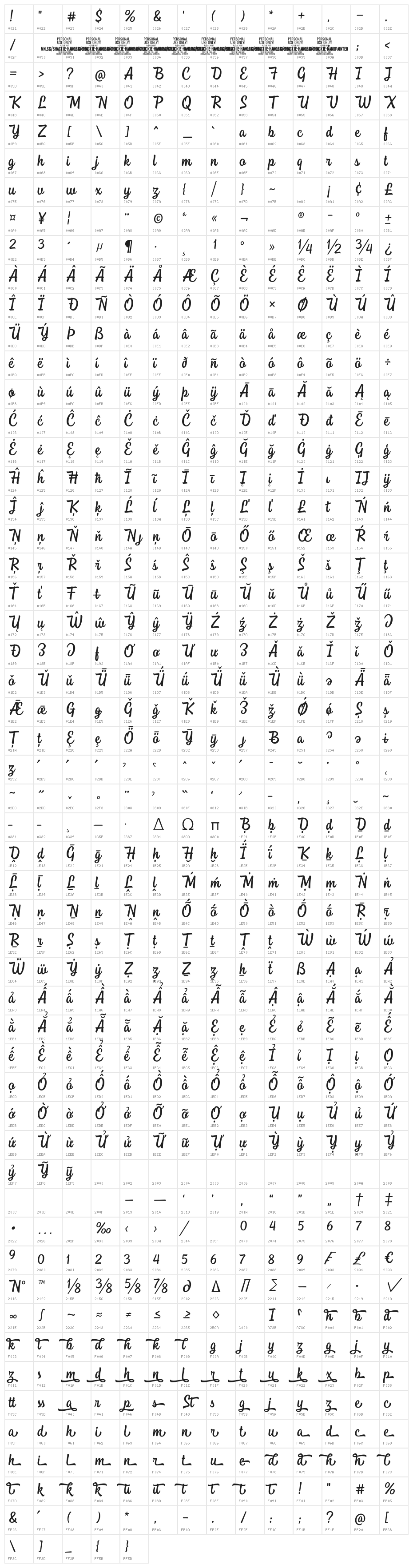 Shackie Handpainted PERSONAL Regular Character Map