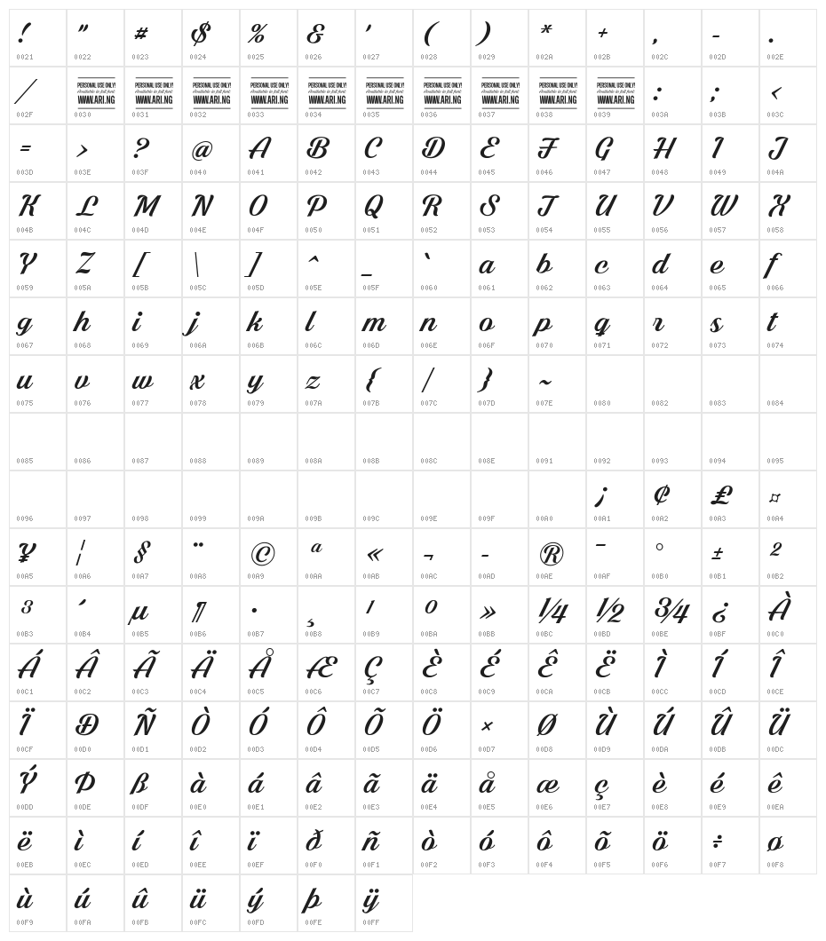 Shaded Larch PERSONAL USE ONLY Character Map