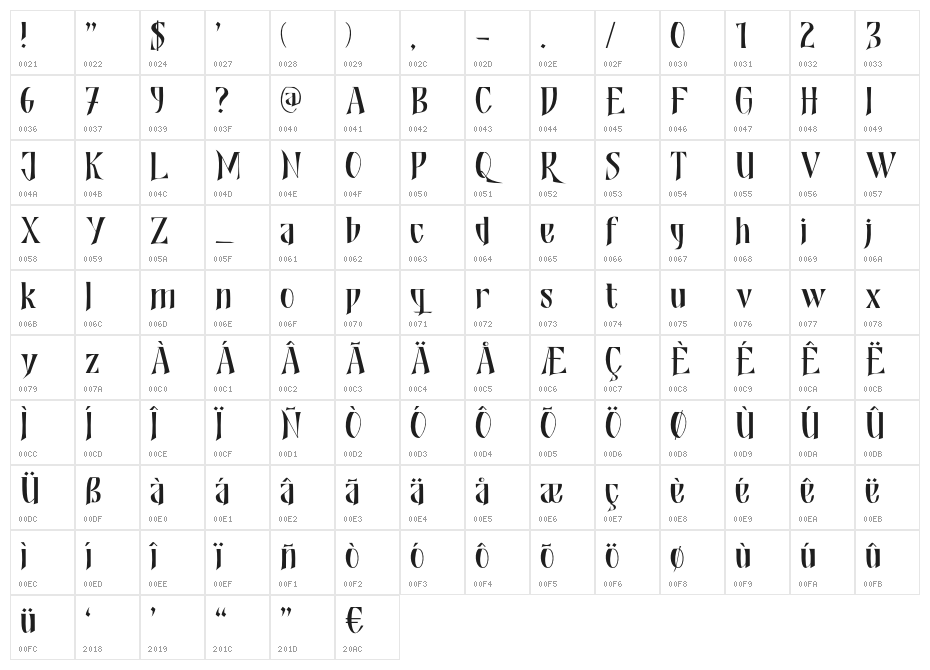Shadowfield DEMO Regular Character Map