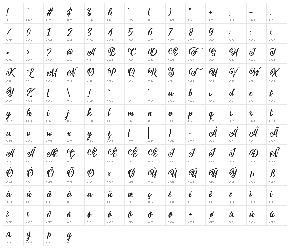 Shielfie Character Map