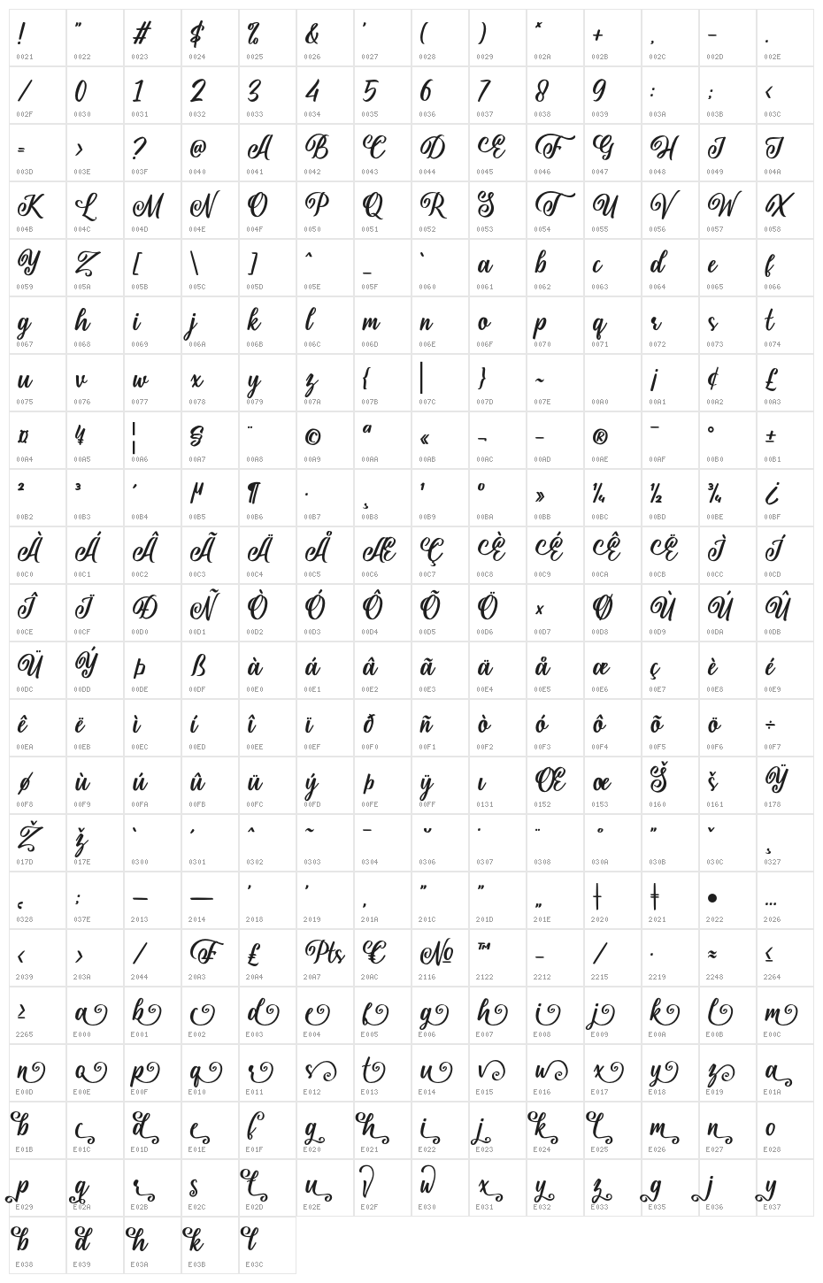 Shielfie Character Map