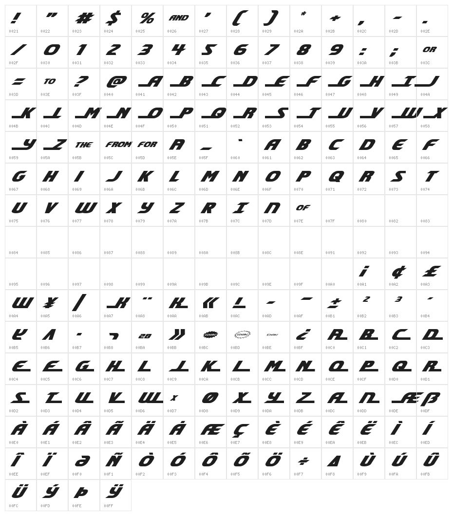 Shining Herald Expanded Italic Character Map