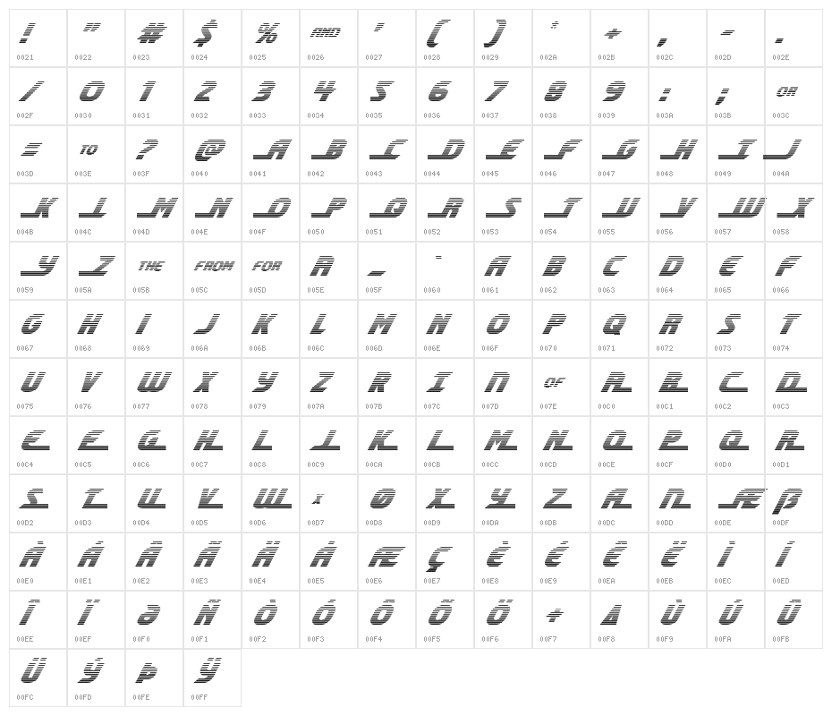 Shining Herald Gradient Italic Character Map