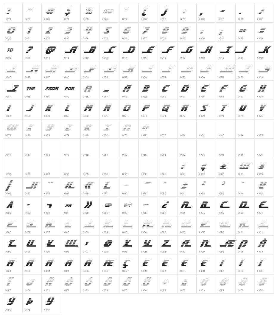 Shining Herald Gradient Italic Character Map