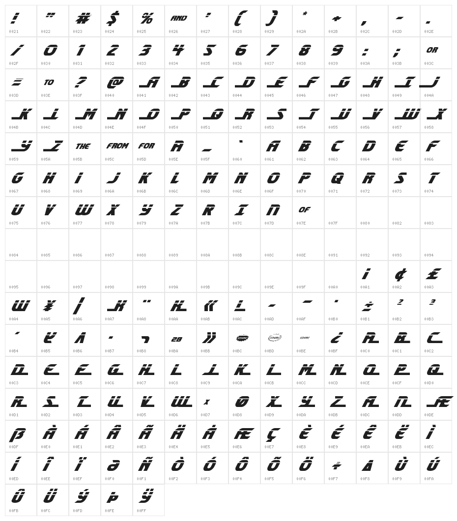 Shining Herald Laser Italic Character Map