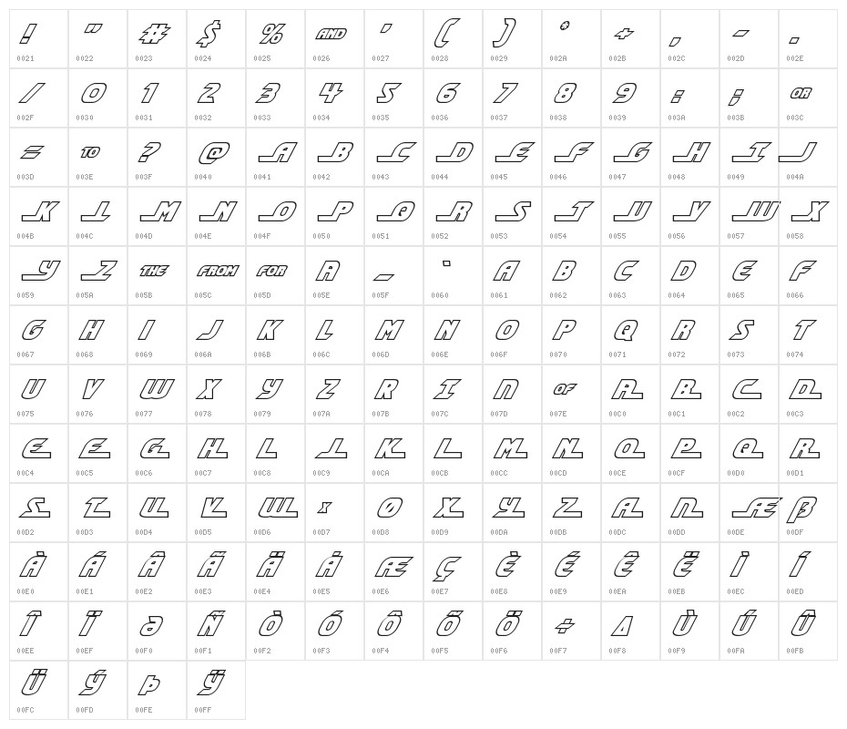 Shining Herald Outline Italic Character Map