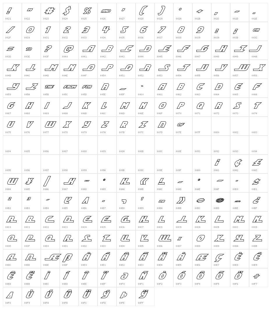 Shining Herald Outline Italic Character Map
