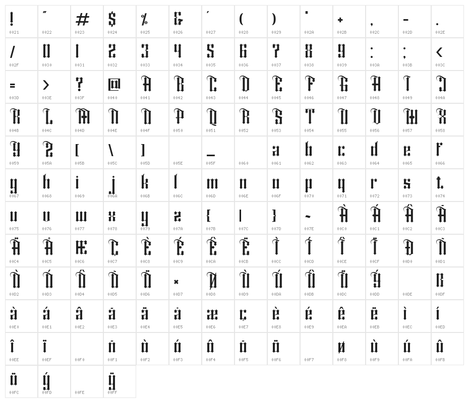 Shiny kage Regular Character Map