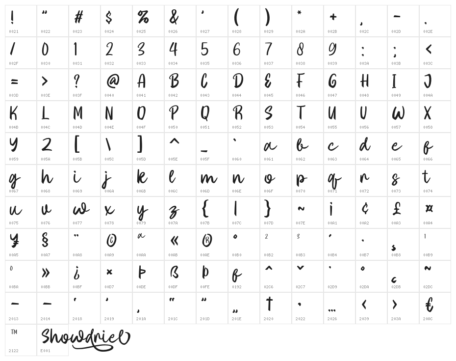Showdriel-Regular Character Map