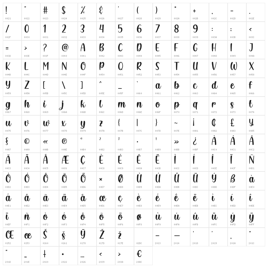 Showlove-Regular Character Map