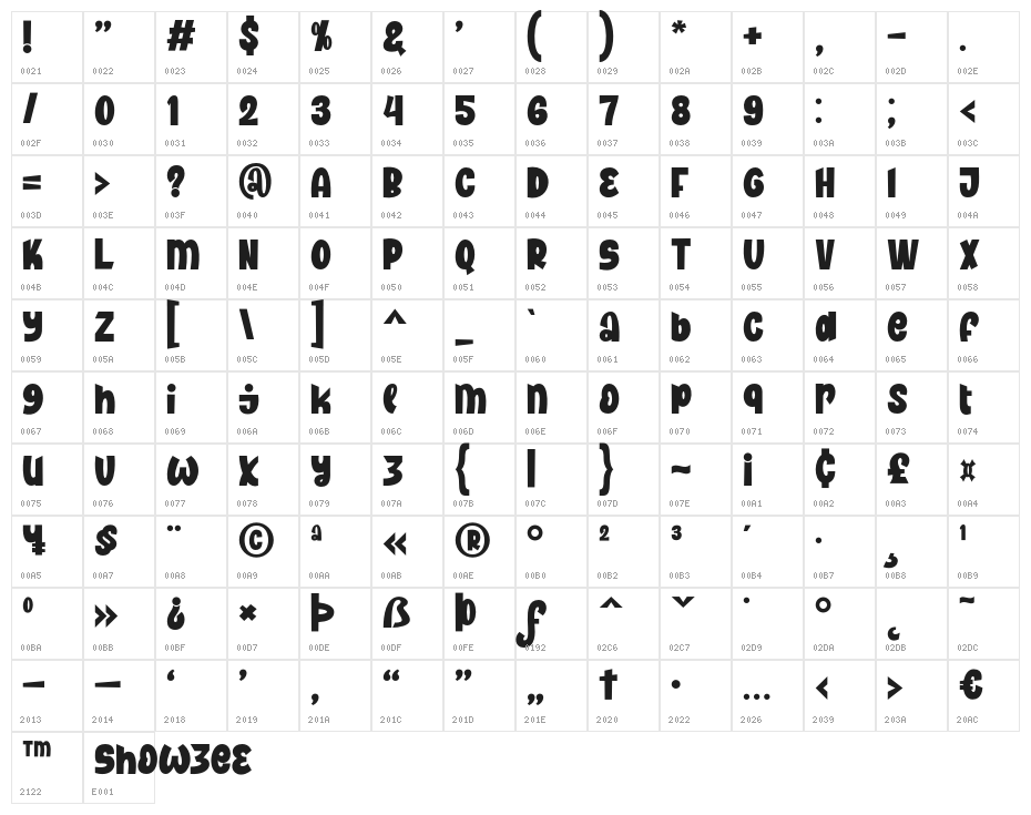 Showzee-Regular Character Map