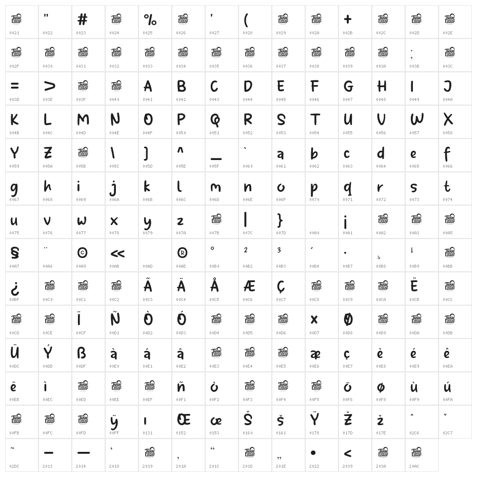 Shyest-Thin Character Map