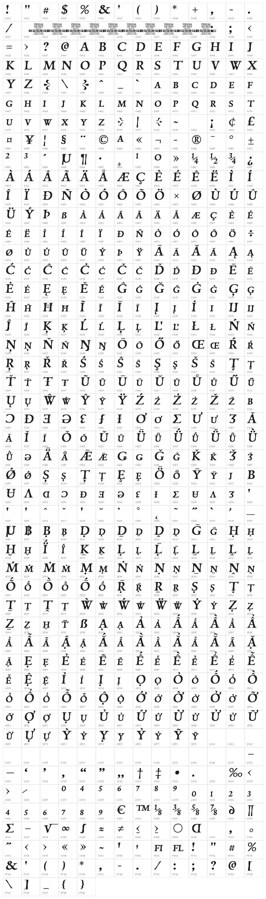Silian Calligraphy Bold PERSONAL Regular Character Map