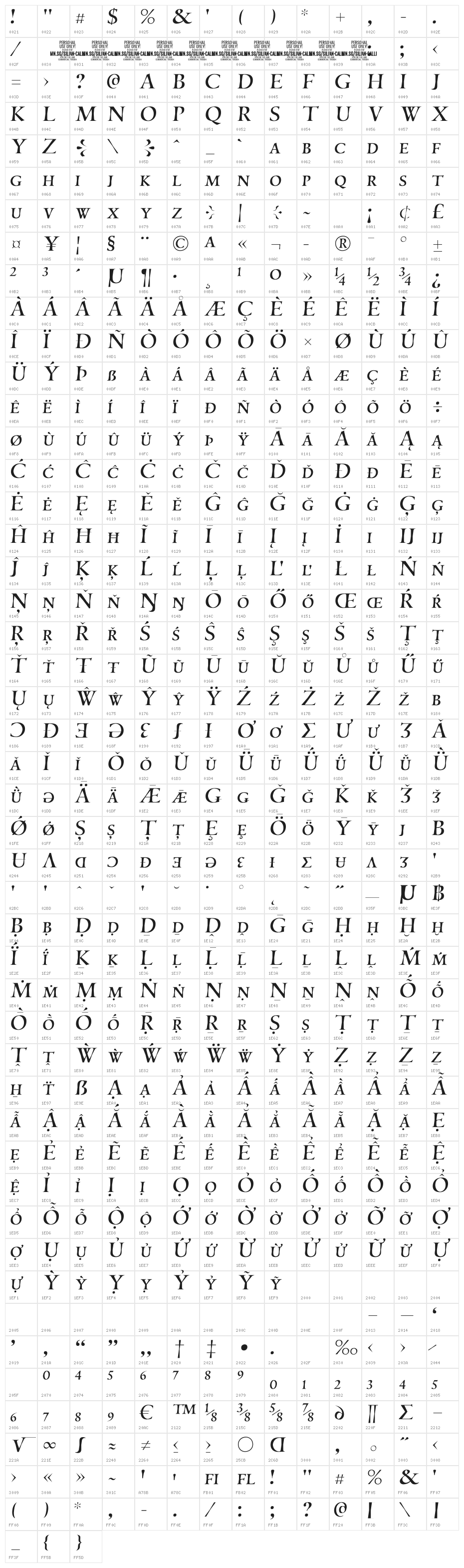 Silian Calligraphy Light PERSONAL Regular Character Map