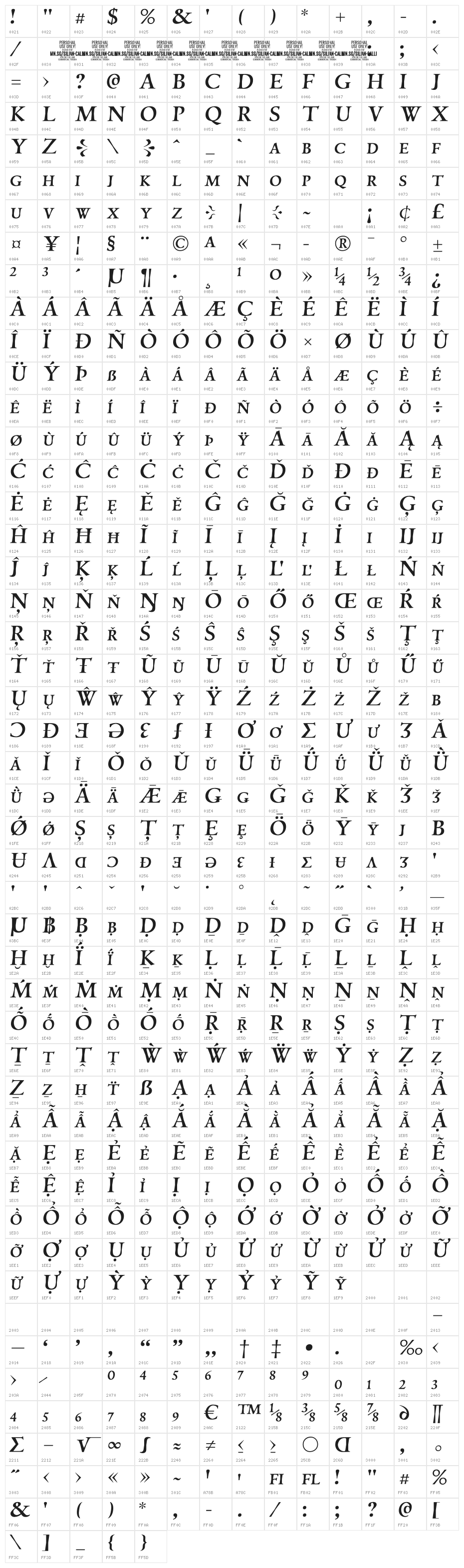 Silian Calligraphy PERSONAL Regular Character Map