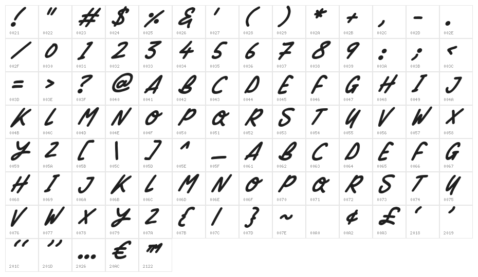 Silky Smooth Italic Character Map