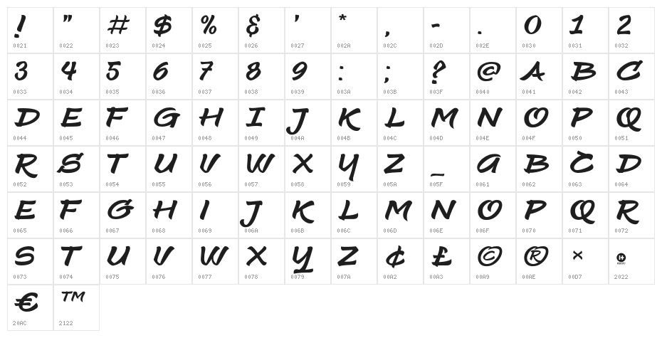 SilkystringBrushFREE-Regular Character Map