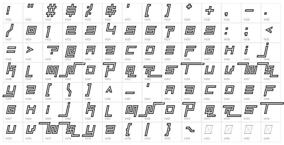 Simplicity Extend Hollow Italic Character Map