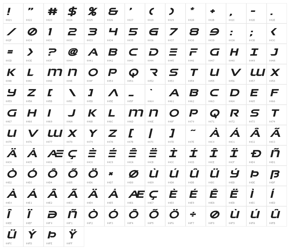 Singapore Sling Expanded Italic Character Map
