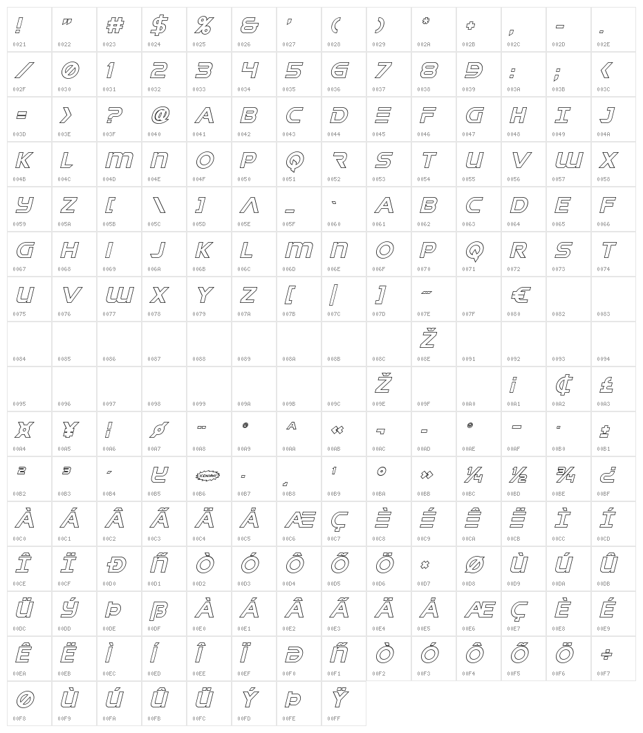 Singapore Sling Outline Italic Character Map