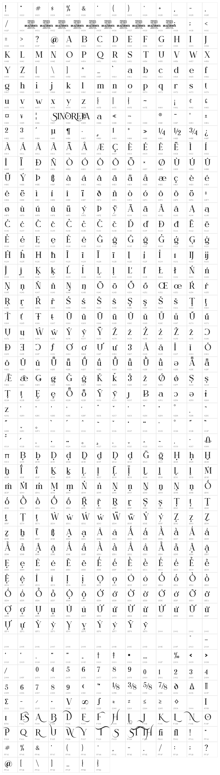 Sinoreta PERSONAL USE Regular Character Map