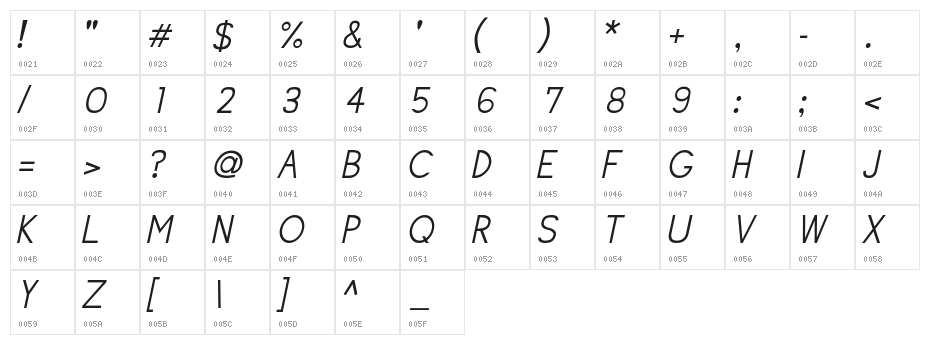 Siple LightOblique Character Map