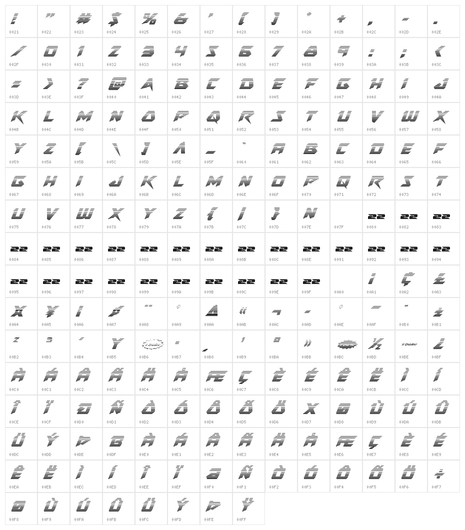 Skirmisher Gradient Italic Character Map