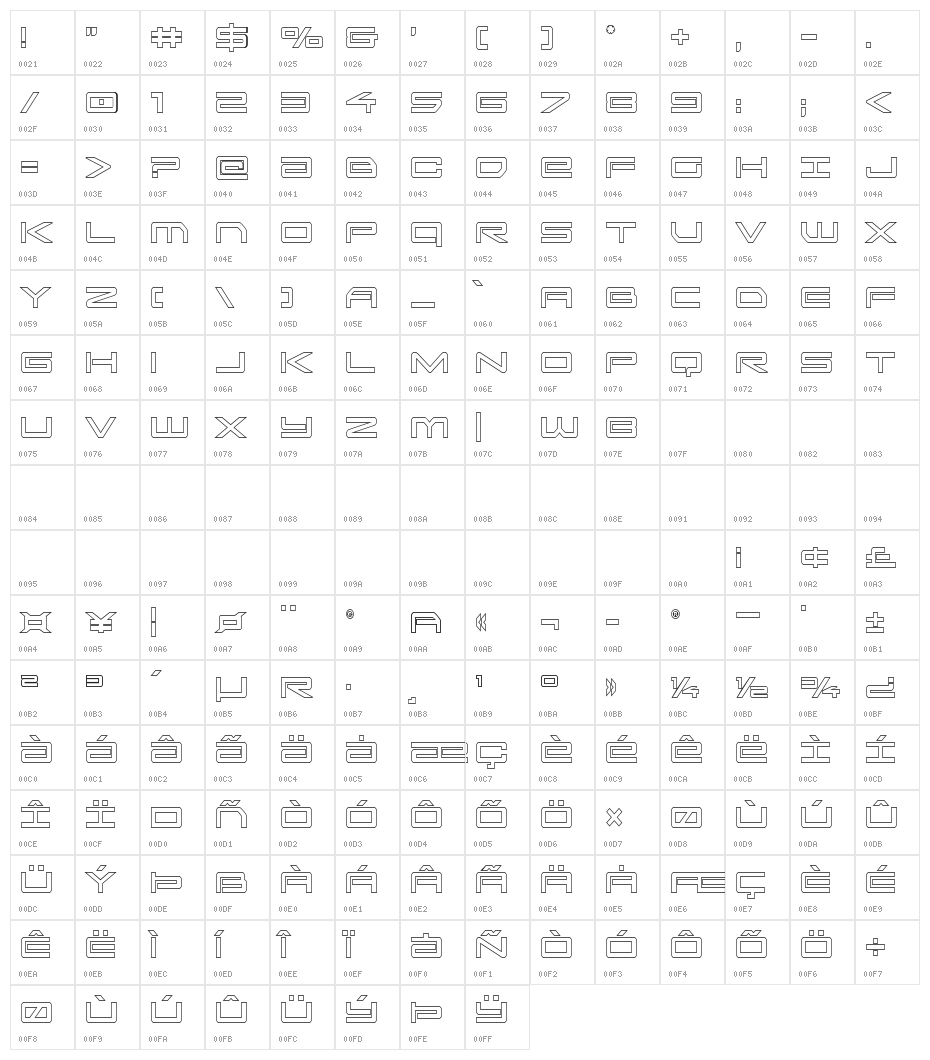 Sky Ridge Condensed Outline Character Map