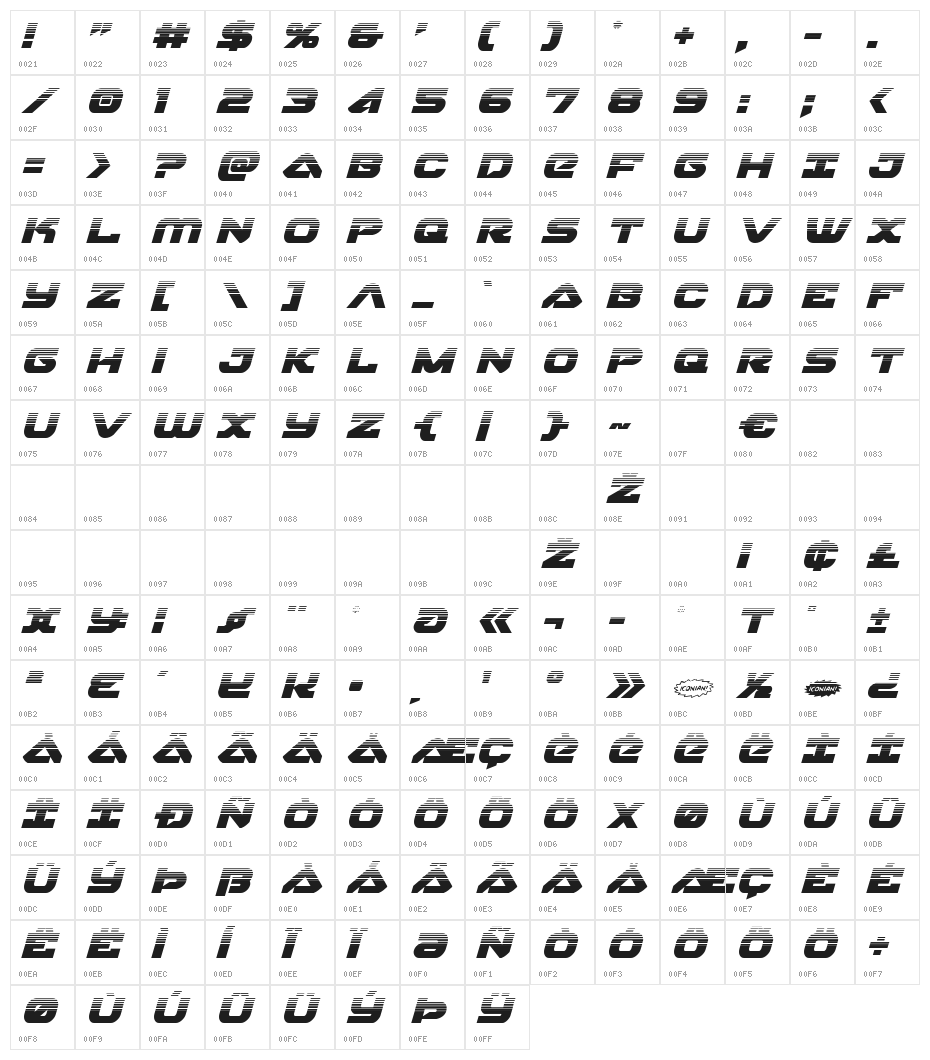 Skyhawk Halftone Italic Character Map