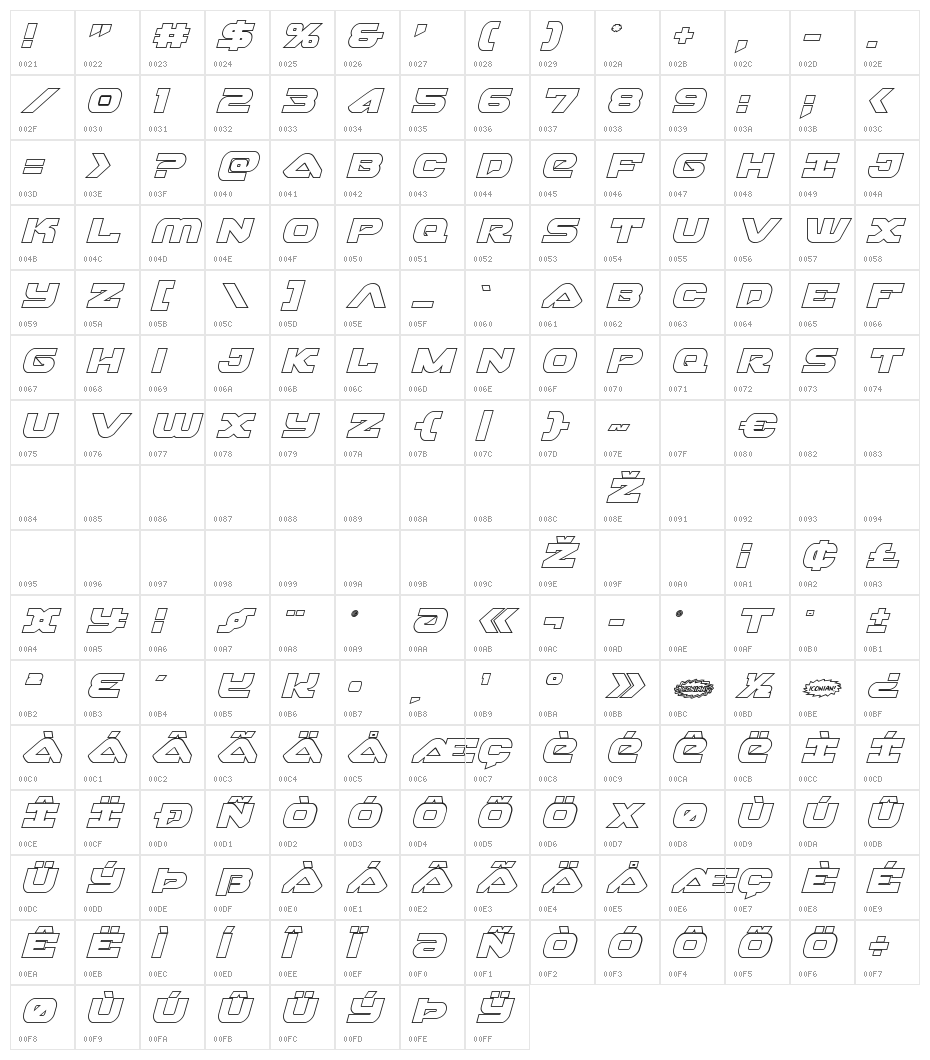 Skyhawk Outline Italic Character Map