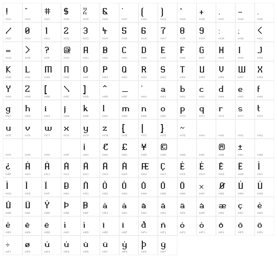 SL PiXL Regular Character Map