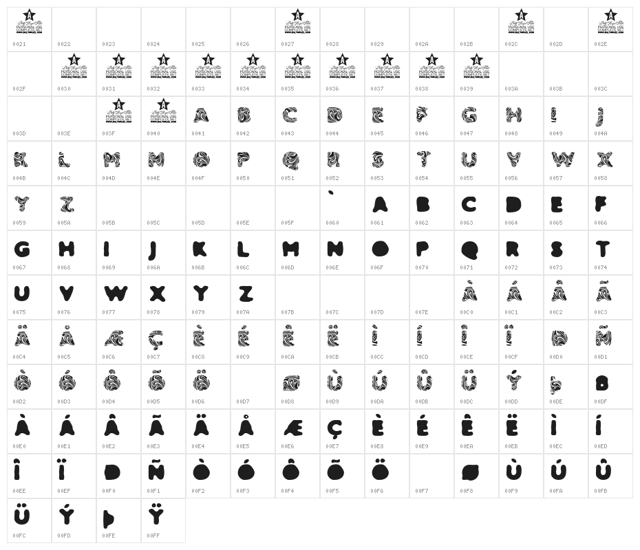 SLIME PERSONAL USE Bold Character Map