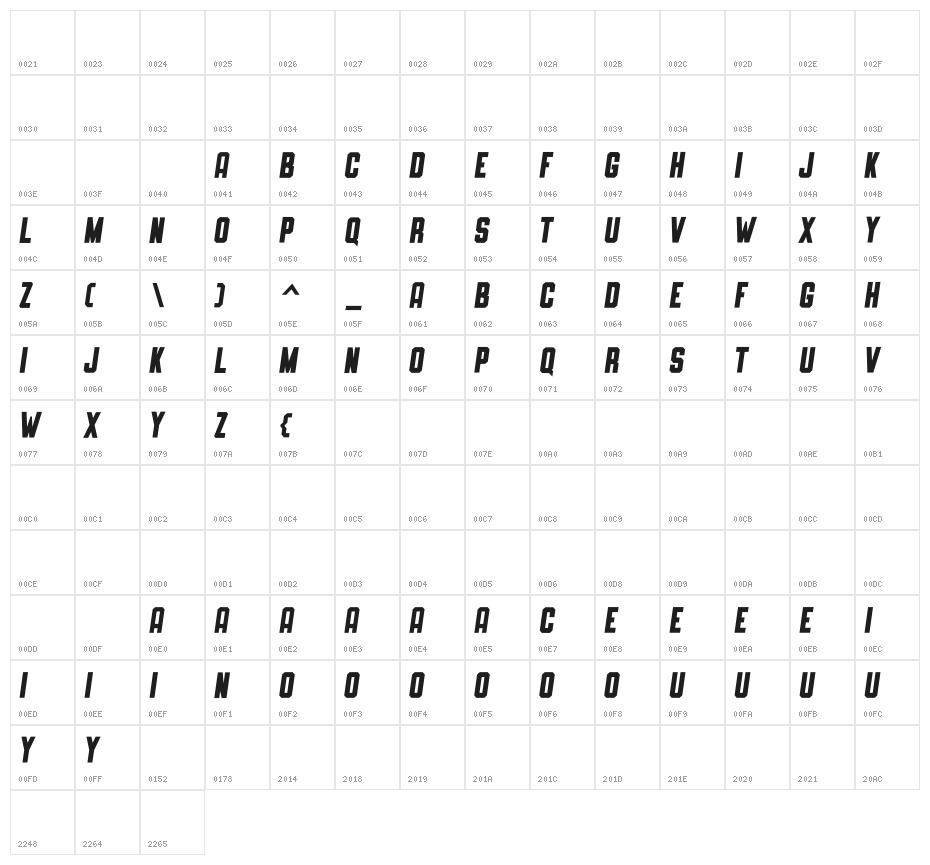 SLIMEDUNK ITALIC CLEAN Character Map