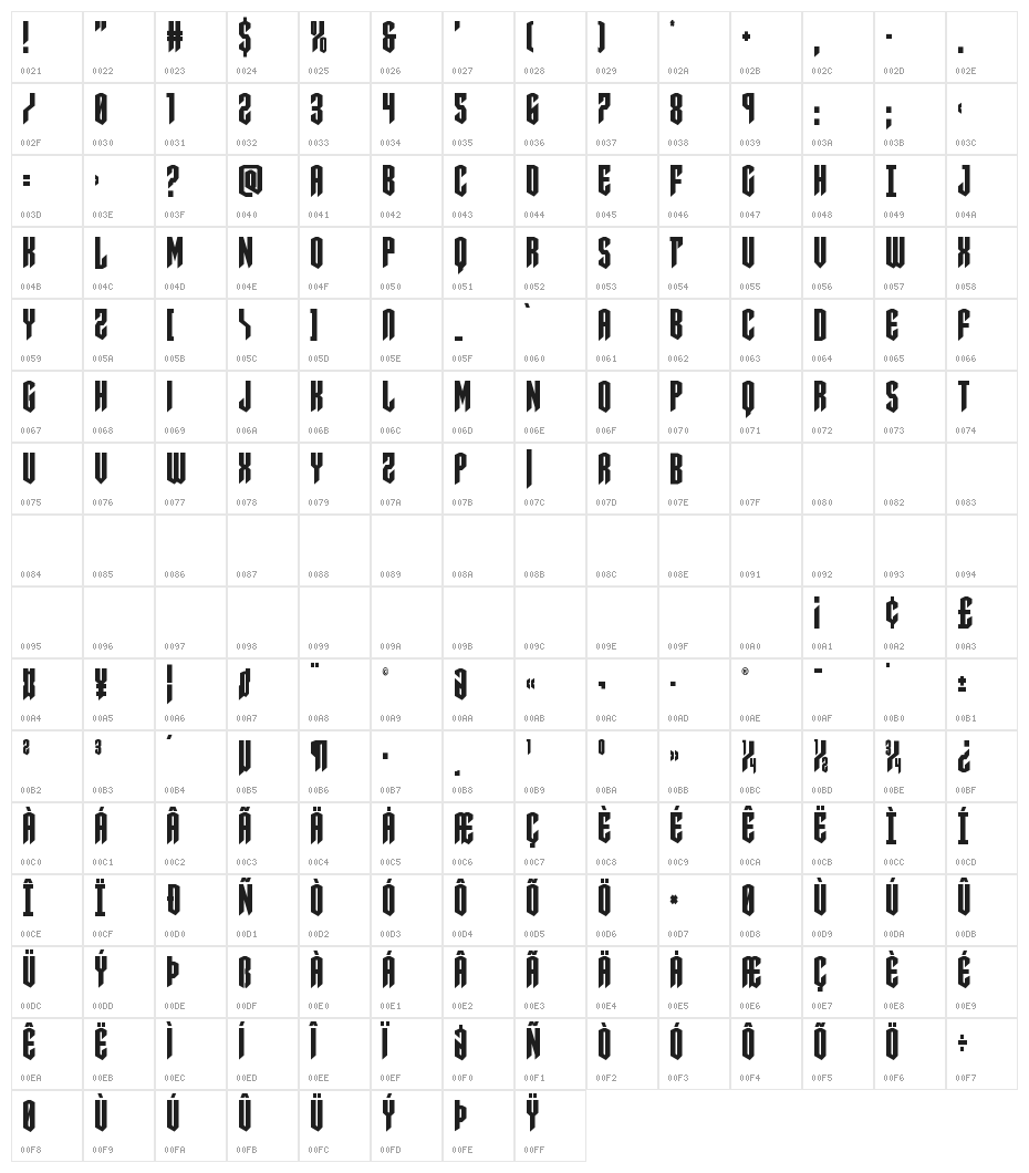 Sleigher Condensed Character Map