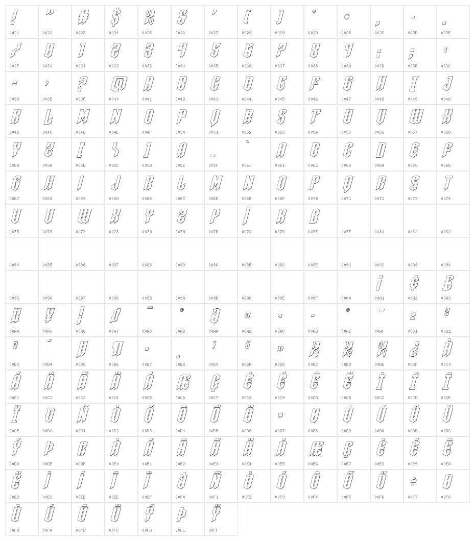 Sleigher Outline Italic Character Map