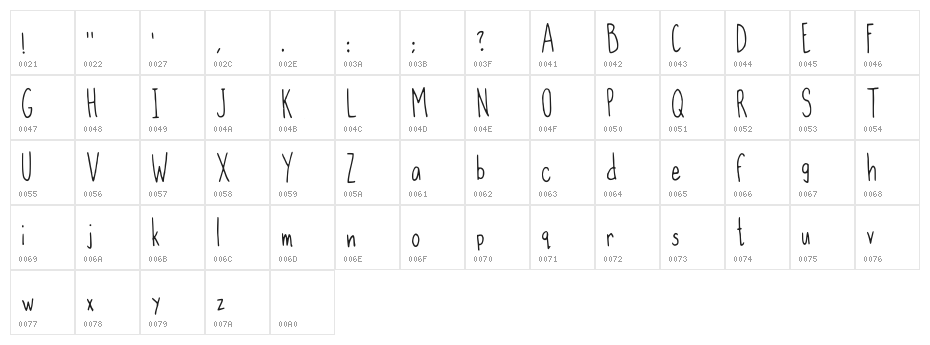 Slim Handwritten Regular Character Map