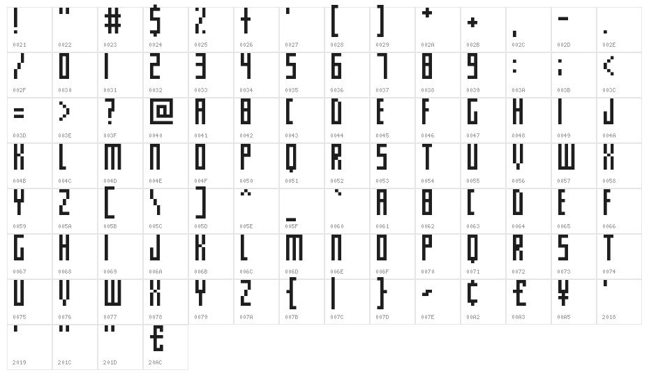 Slim thin pixelettes Character Map