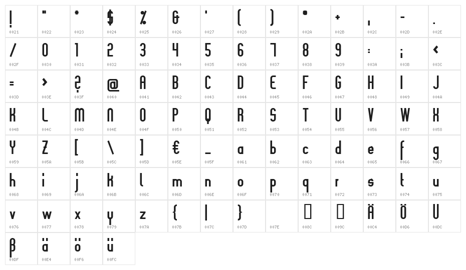 Slimania Bold Character Map